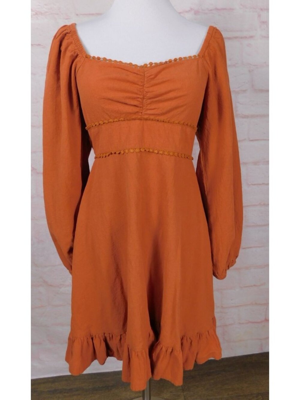 Mini Dress With Ruffle Hem & Smocked Back Size M Rust Orange Long Sleeve